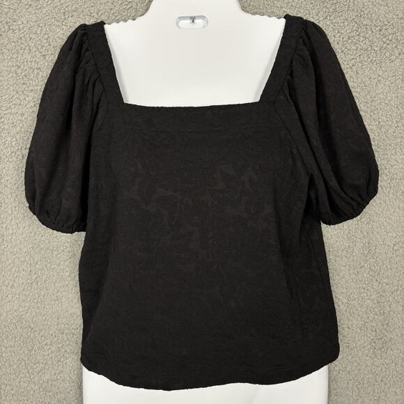 LOFT Women Brocade Textured Top Puff Sleeve Shirt Blouse Black size Small NEW - Picture 1 of 11